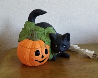 Ceramic Cat by Pumpkin with tail up (#192)