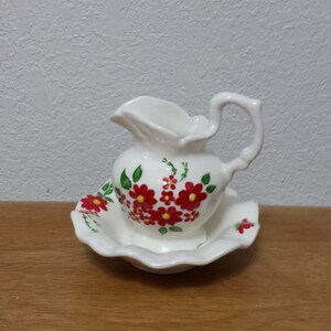 Ceramic Small Hand Painted Pitcher and Bowl (#351)-Red flowers with Turquoise butterfly