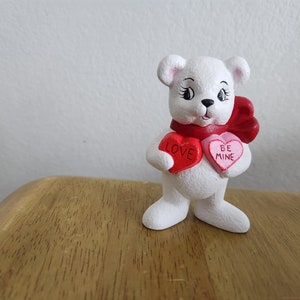 Ceramic White Bear holding two Valentines (#153)