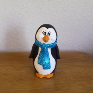 Ceramic Medium Penguin with blue glitter scarf (#349)