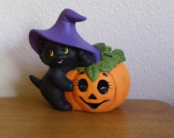 Ceramic Cat With Witch Hat by Pumpkin 