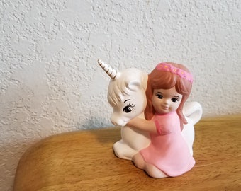 Ceramic Girl in pink dress with Unicorn (Small)(#1199)