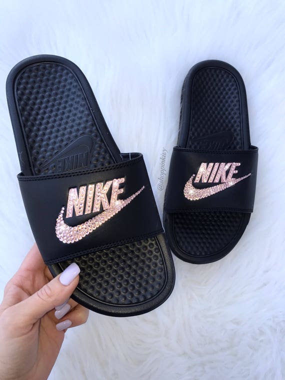 royal blue nike slides with gold check