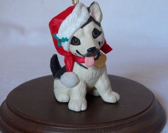 Può includere: Un cucciolo di husky bianco e nero che indossa un cappello di Babbo Natale rosso e bianco con un ramoscello di agrifoglio verde. Il cucciolo è seduto su una base di legno marrone.
