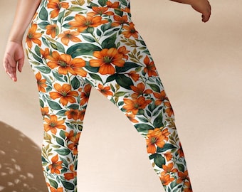 Orange Floral Yoga Leggings – Vibrant fall inspired Yoga Pants, Botanical Print Activewear, Women’s Workout Clothing, Nature Inspired Tights