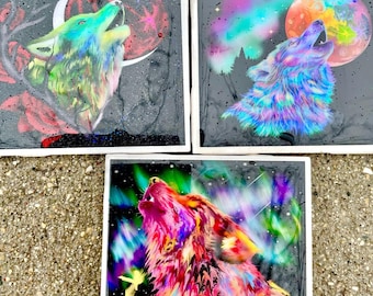 Original Wolf Art Coasters – Handmade by Artist, Vibrant Cosmic Wolf Drink Coasters, Aurora Borealis Moon Design, Unique Home Decor Gift