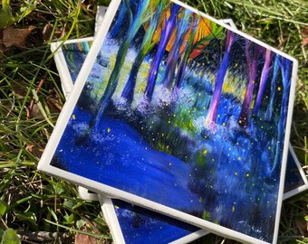 Original Art Painting Coaster Set, Magical Forest, Fantasy Nature Abstract Firefly Tree Woods Resin Coaster Set