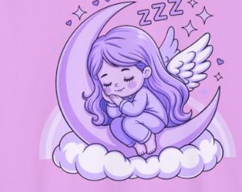 Sleepy Moon Angel Sweatshirt – Pastel Kawaii Angel Crewneck | Cozy Dreamy Celestial Shirt | Soft Girl Aesthetic | Lavender Angel Pullover