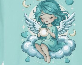 Mint Hope Lantern Angel Sweatshirt, Pastel Angel Crewneck • Comfort & Healing Gift • Spiritual Christian Sweater • Soft Kawaii Aesthetic