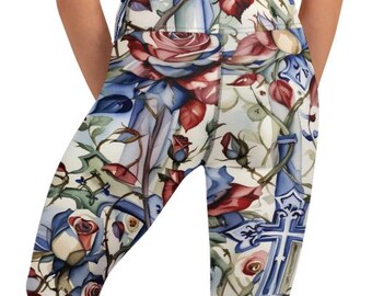 Stained Glass Leggings Christian Cross & Roses Print, High Waist Yoga Pants, Spiritual Workout and Festival Activewear for Women