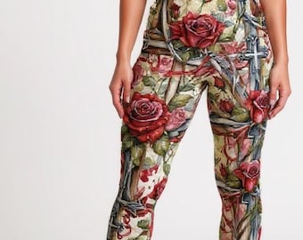 Christian Rose Cross Leggings – Stained Glass Floral Activewear, Faith Inspired Yoga Pants, Religious Workout Clothing