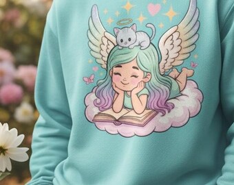Mint Reading Angel Sweatshirt • Kawaii Cat Angel Crewneck • Cozy Pastel Aesthetic Shirt • Book Lover Gift • Christian Cute Angel Pullover