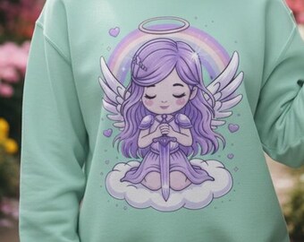 Guardian Angel Sweatshirt – Pastel Lavender Winged Angel on Cloud with Sword | Soft Protection Hoodie | Kawaii Christian Cozy Gift