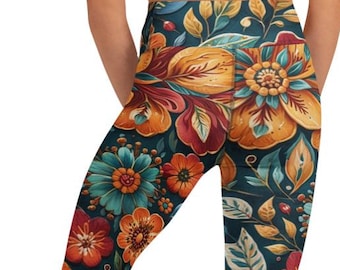 Bold Floral Leggings – High Waist Yoga Pants, Colorful Autumn Flower Print Activewear, Workout & Lounge Wear for Women