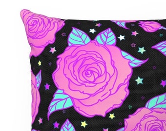 Neon Rose Kussen, Leuke roze bloem pastel goth Gesponnen Premium Polyester Vierkant Kussen