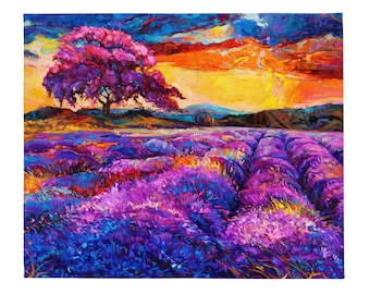 Vibrant Sunset Landscape Blanket Purple Mountain Art Throw, Colorful Cozy Fleece for Couch, Bed, Boho Home Decor, Nature Inspired soft