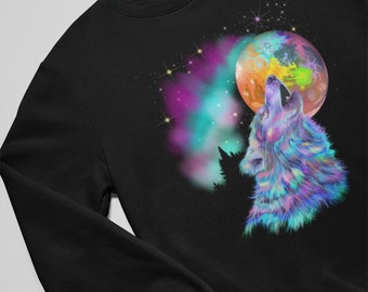 Wolf Sweatshirt, Black Wolf Hoodie, mens rockabilly clothing, burning man clothing women,e girl clothing, dark academia clothing