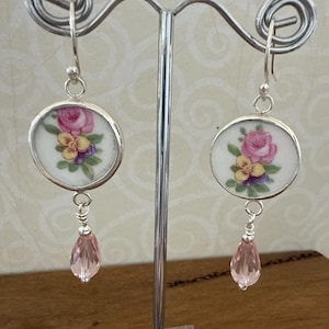 Broken China Earrings, fine silver setting