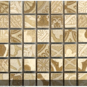 Artisan Etched Stone Tiles – Unique Custom Backsplash Solutions - Natural Limestone mosaic - 1&quot;x1&quot; Ochre blend / Handmade /Price per sq. ft.