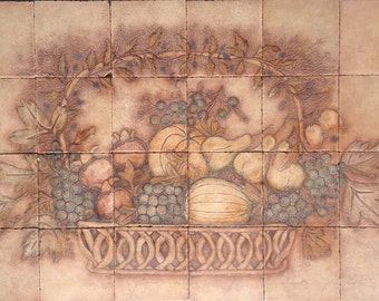 SALE! 60% OFF - Decorative etched stone hand painted fruit basket mural for kitchen backsplash