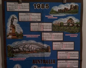 1985 Souvenir Map of Australia Birth Year Calendar x 5 * Cotton Tea Towel * Vintage * Shabby Chic * Birthday * Kangaroos