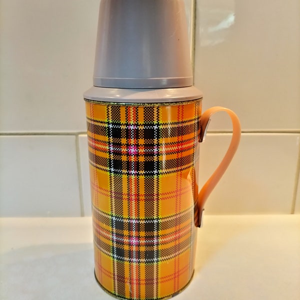 Vintage Metal Thermo Flask with retro Plaid check design in Orange.