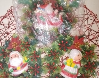 Vintage Plastic Santa and Mrs Claus and Wreath with Poinsettia's, Old Stock Christmas Decoration, Sold Separately