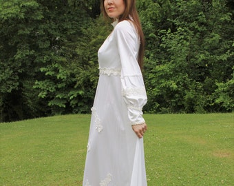 The Flower Power Wedding Dress: 1970s Vintage Handmade White Long Sleeve Turtleneck Floral Embroidered Bridal Hippie Formal Gown