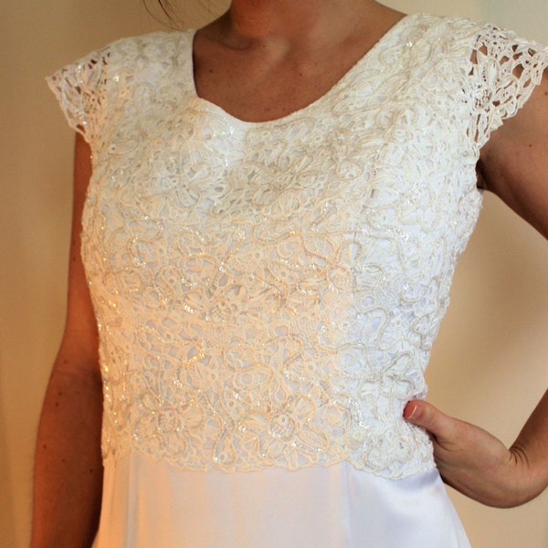 The Sweet Marie Wedding Gown: Vintage Ann's Vogue Shoppe White Ivory Floral Lace Sequin Delicate Bridal Wedding Gown