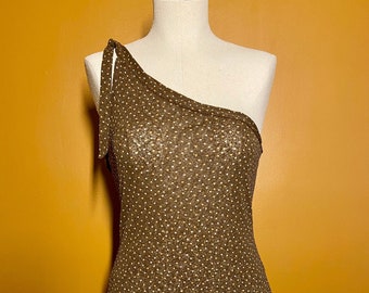 The Happy-Go-Lucky Top: 1990s Vintage Brown & Orange Polka Dot Sheer One Shoulder Boho Tank Top