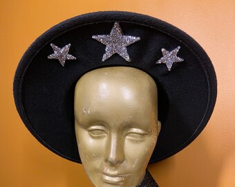 The Joplin Hat: Black Wide Brim Adjustable Hippie Rock Star Glitter Celestial Western Hat