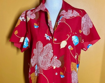 The Hibiscus Honey Shirt: Vintage Hawaiian Tropical Unisex Red Blue Floral Button Up Short Hand Cut Jagged Distressed Sleeve Island Shirt