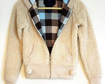 The Polar Transition Jacket: 1990s Vintage Retro Soft Faux Sheep Wool Flannel Sweater Jacket with Peace Sign Zipper