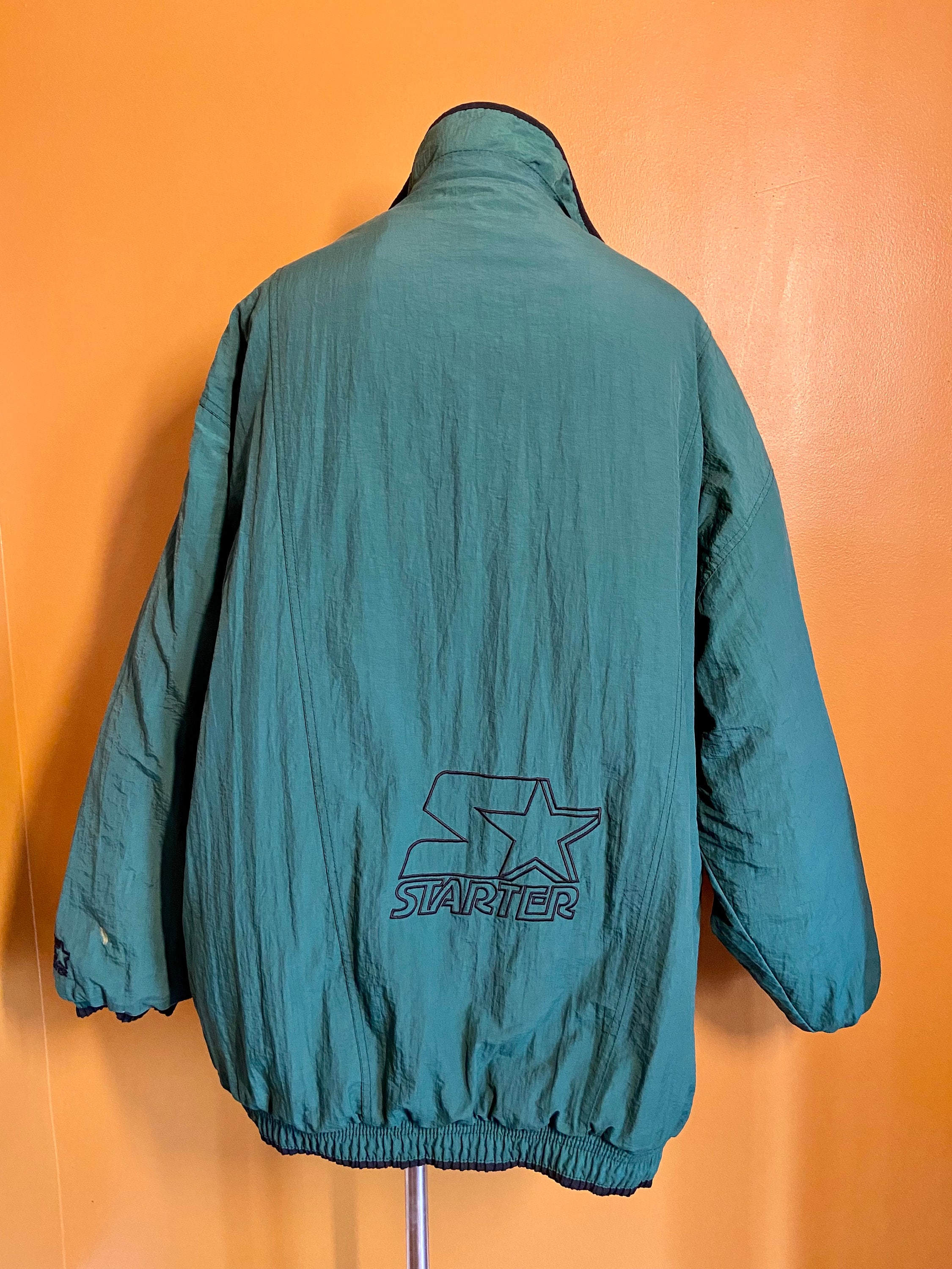 The Starter Jacket: 1990s Vintage Starter Hunter Green Plaid Fleece Lining Athletic Winter Puffy Winter Coat