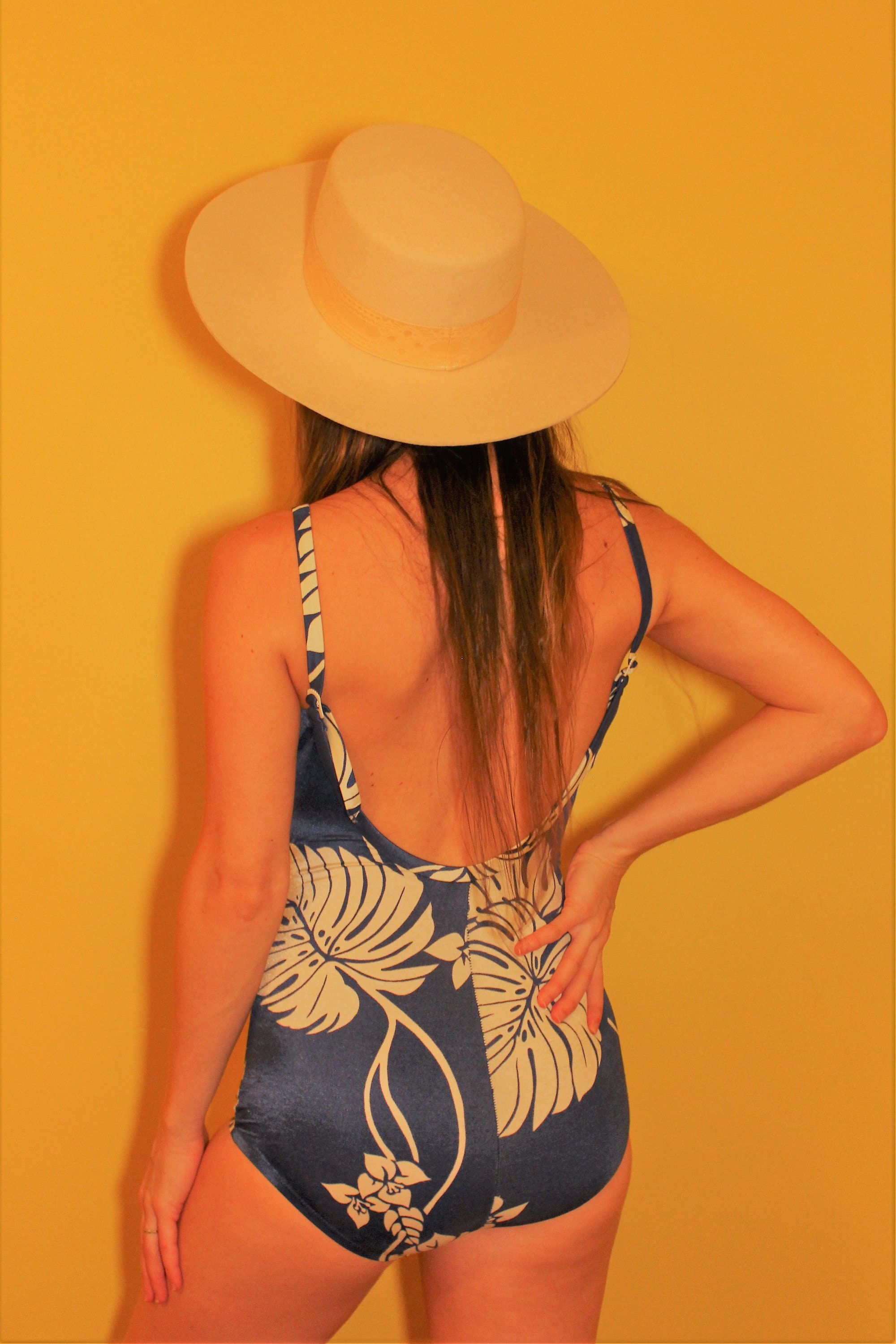 The Blue Bayou Swimsuit Kimono Set Rare 1960s Vintage Navy Tropical Palm Hawaiian Floral 50s