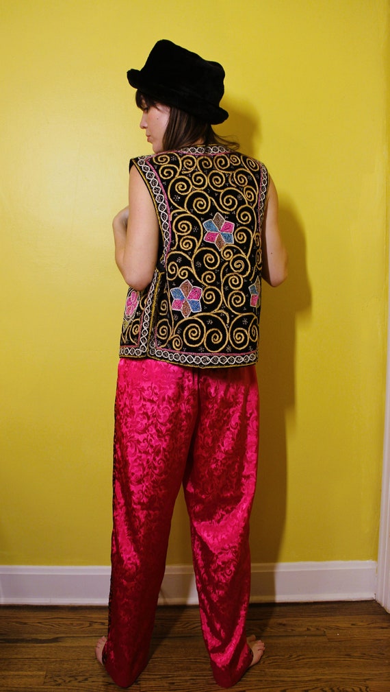 The Tropicale Silk Pajama Pants: 1980s Vintage Hot Pink Silky Flamingo  Wideleg Pajama Lounge Pants W/ Stretchy Waist 
