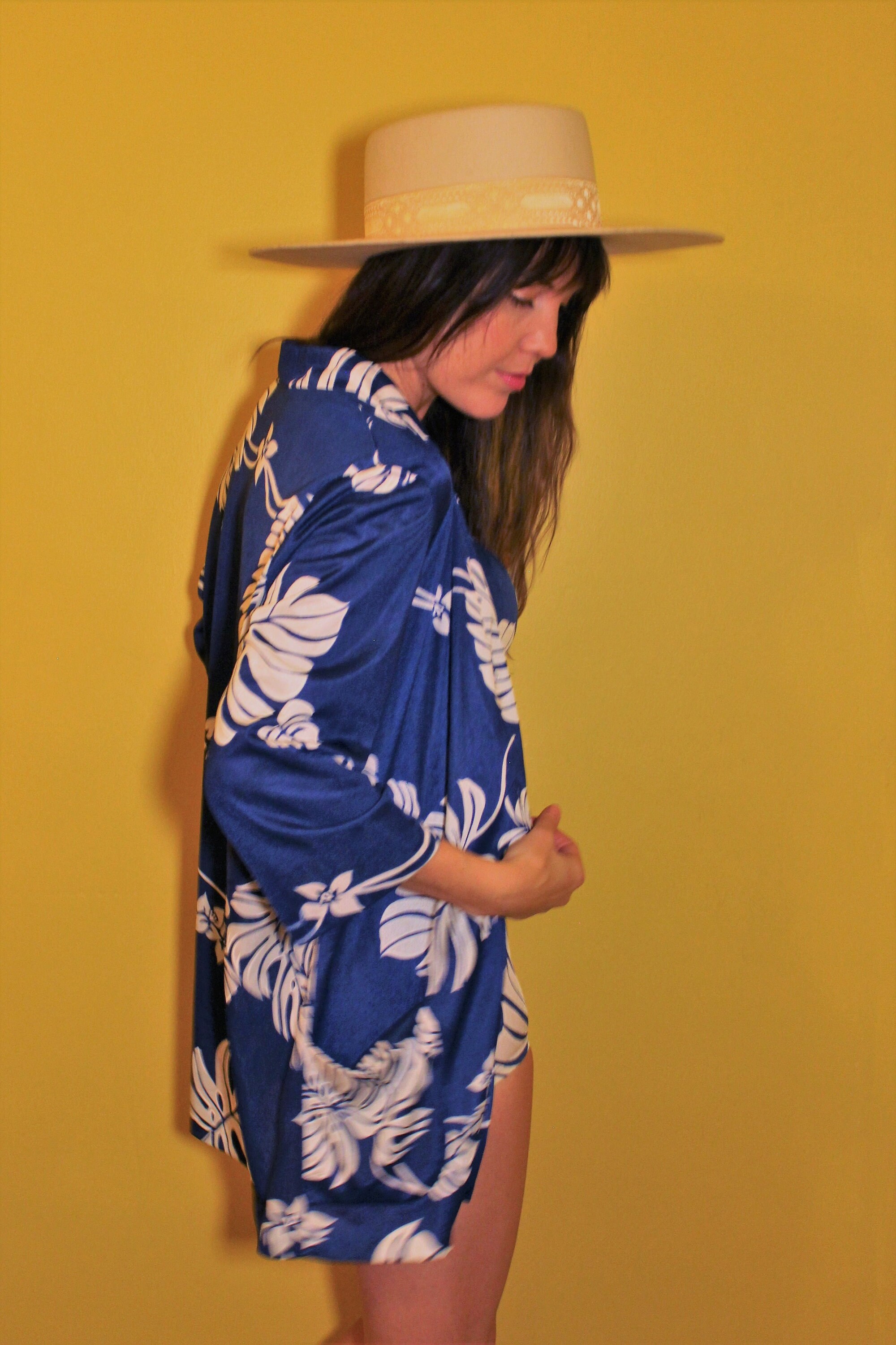 The Blue Bayou Swimsuit Kimono Set Rare 1960s Vintage Navy Tropical Palm Hawaiian Floral 50s