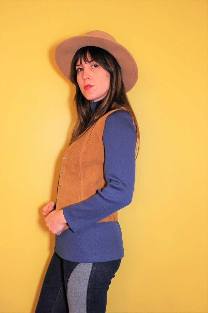 Unisex 1970s Vintage Leather Tan Camel Suede Hippie Retro Western Button Up Snap Vest By Vakko New York Size Small The Anna Suede Vest