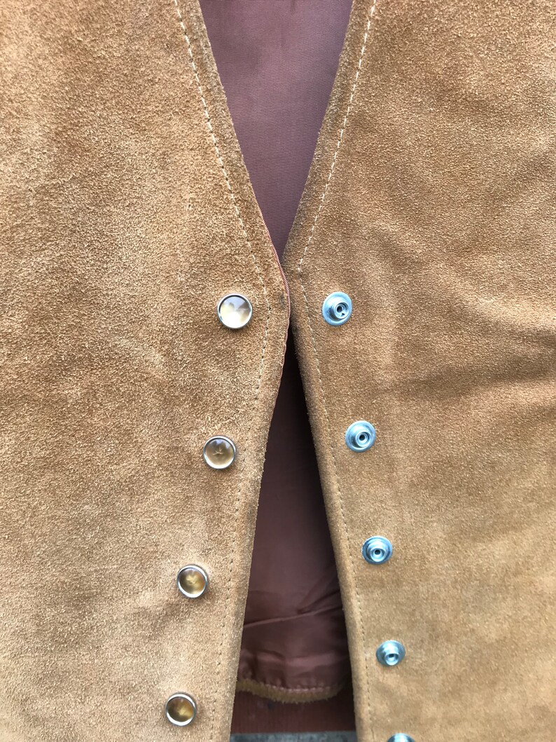 Unisex 1970s Vintage Leather Tan Camel Suede Hippie Retro Western Button Up Snap Vest By Vakko New York Size Small The Anna Suede Vest