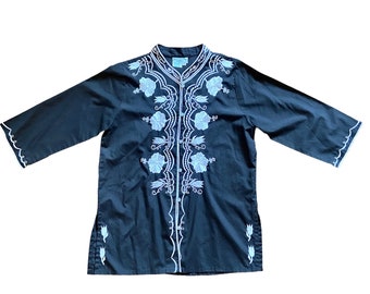The Nakalele Night Blouse: 1970s Vintage Philippines Flower Embroidered Oriental Button Up Black & White Floral Hippie Shirt