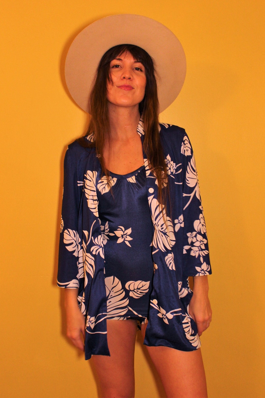 The Blue Bayou Swimsuit Kimono Set Rare 1960s Vintage Navy Tropical Palm Hawaiian Floral 50s