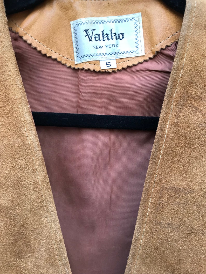 Unisex 1970s Vintage Leather Tan Camel Suede Hippie Retro Western Button Up Snap Vest By Vakko New York Size Small The Anna Suede Vest