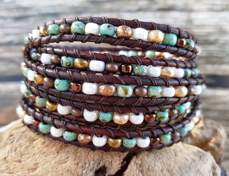 Bohemian 5 Wrap Mixed Gold Copper Pearl and Turquoise Leather Wrap Bracelet