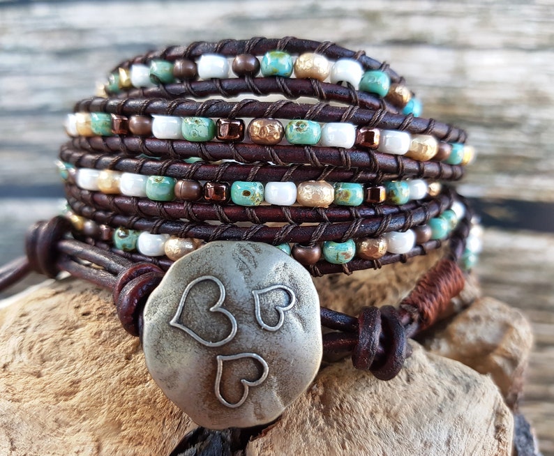 Bohemian 5 Wrap Mixed Gold Copper Pearl and Turquoise Leather Wrap Bracelet