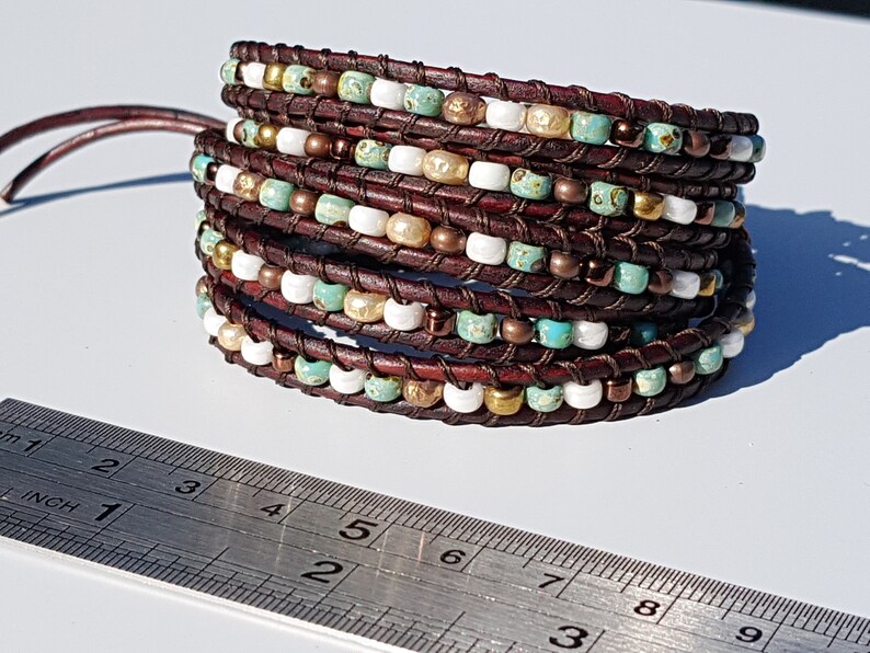Bohemian 5 Wrap Mixed Gold Copper Pearl and Turquoise Leather Wrap Bracelet