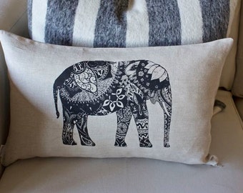 Linen Screen Printed  Elephant Pillow Cover