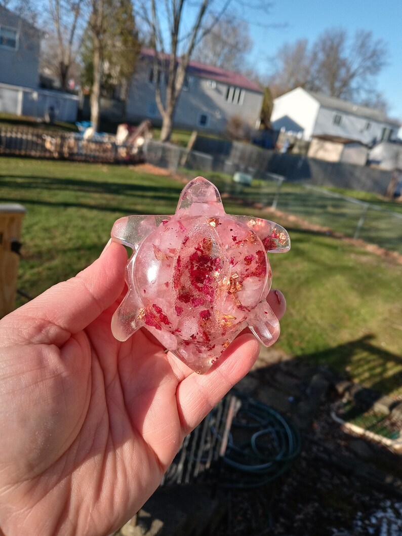 EMF protection valentines day gift selenite and copper Druzy turtle orgonite with rose quartz