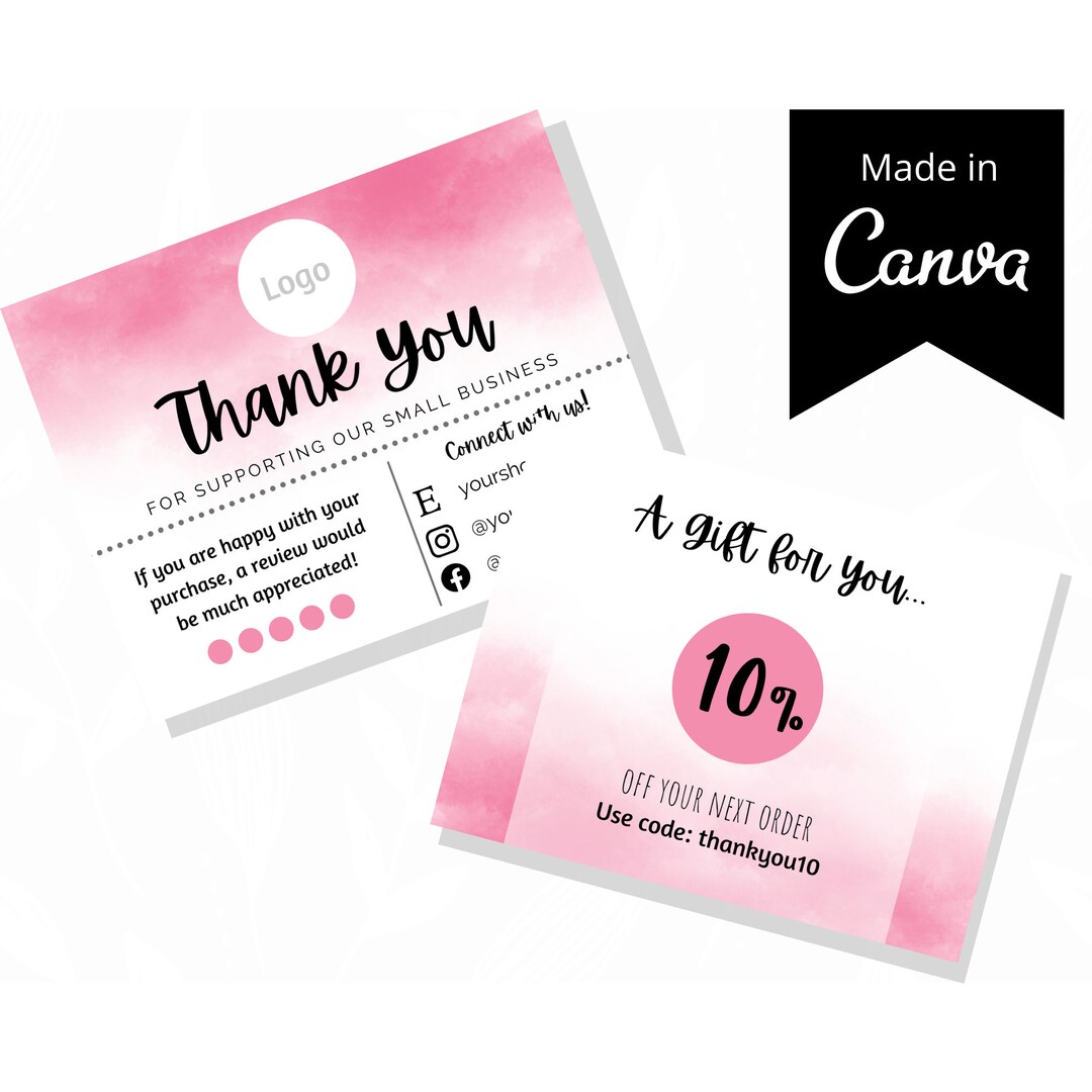 Thank You Business Card Template Canva Pink, Watercolor, White, Small ...