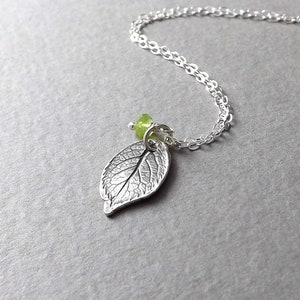 Sterling Silver Leaf Necklace Peridot Drop, Birthstone Jewelry, Nature Lover Jewelry unique gift, gardening gift for her