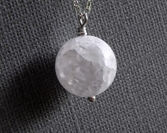 Ice Moon Necklace Round Pendant Crackle Quartz Necklace, Simple White Ice Ball Moon Jewelry gift for her, celestial jewelry gift for her